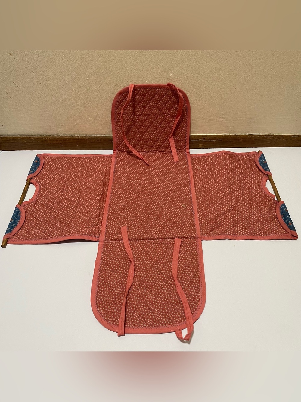 Vintage 1980s Quilted Calico Fabric Casserole Carrier Hot Dish Tote Coral Blue